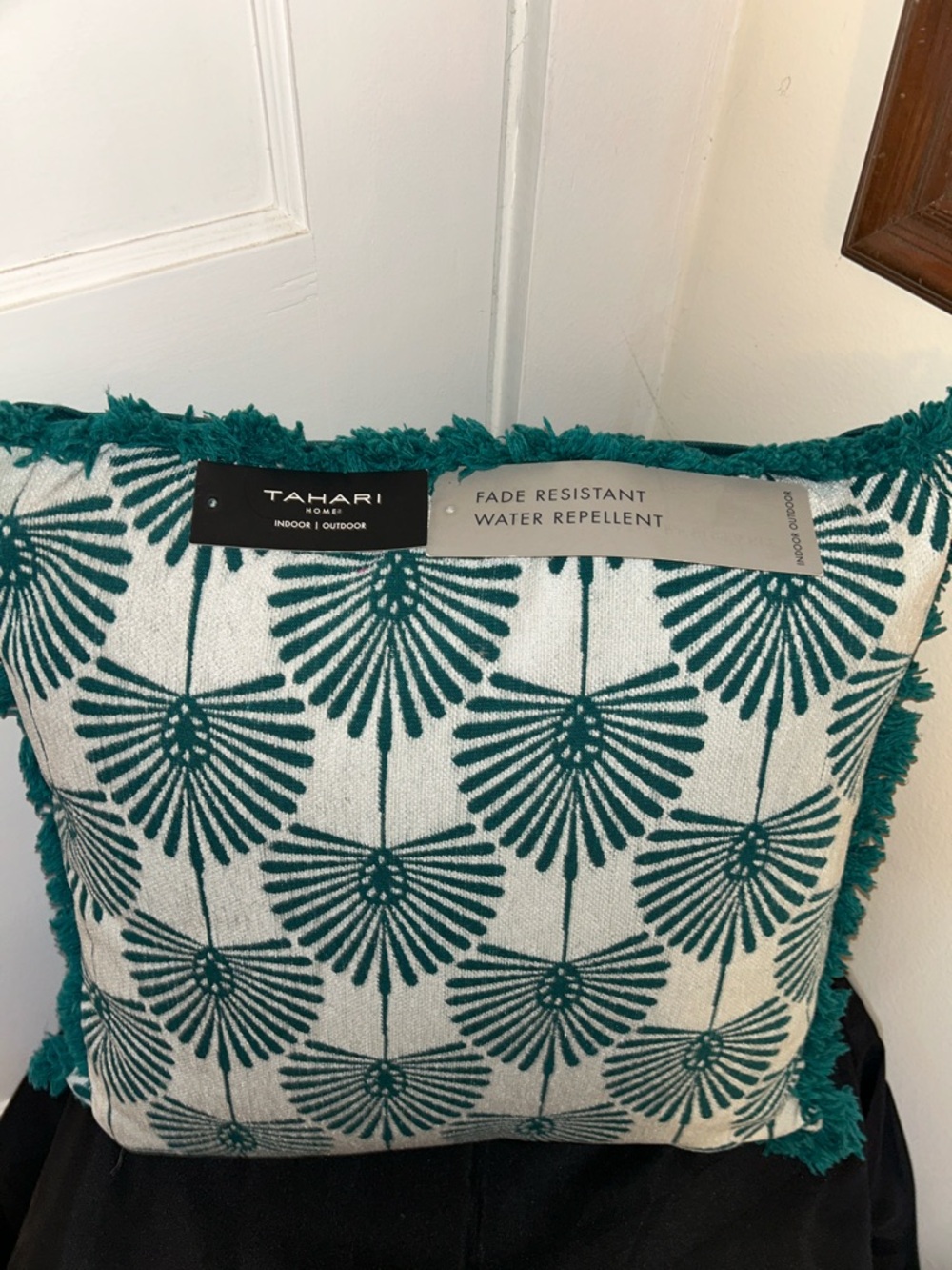 Tahari Teal and Cream Geometric Floral Accent Pillow